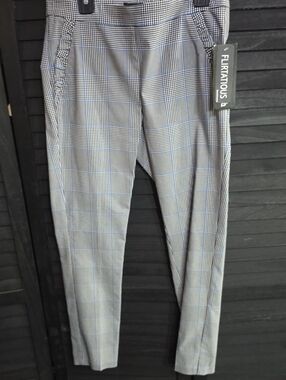 Flirtatious Women's Gray Plaid Dress Pants with Blue Windowpane